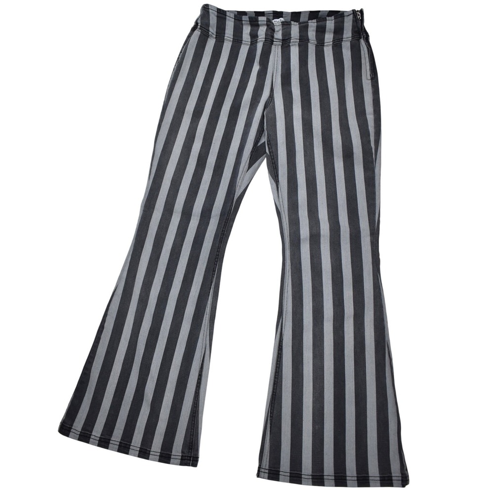 Striped Denim Flare Pants Gray Black Juniors Size L Grunge Alt Punk Emo Mallgoth